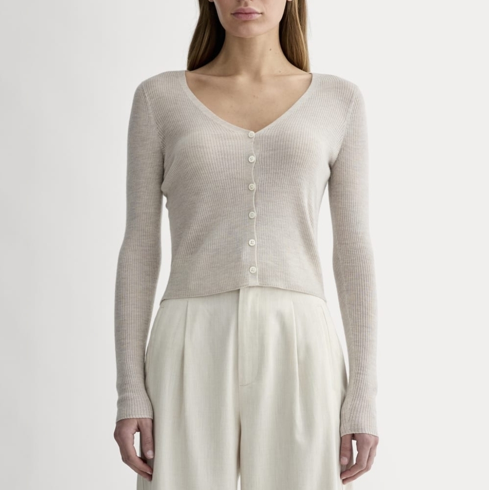 Everlane Sweater Womens Beige Ultrasoft Merino Wool Cardigan Crop Ribbed
